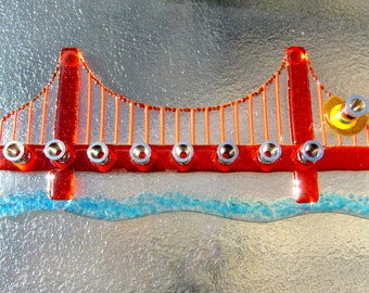 Vidrio fundido Puente Golden Gate Hanukkah Menorah, San Francisco Menorah, California Menorah, Ocean Wave, Regalo de cristal de boda judío de California