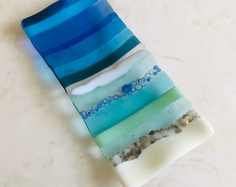 Fused Glass Beach Art, Rocks and Bubbles by the Beach, Handmade Murrine, Sea Glass Jewelry Holder, Spoon Rest, Ocean Sushi Dish