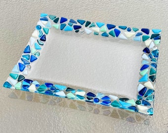 Fused Glass Beach Plate, Beach Glass Mosaic, Ocean Waves Glass Art, Ocean Beach Dish, Beach Wedding Gift