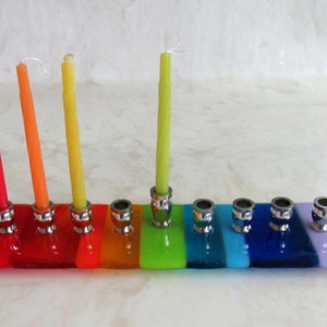 Rainbow Hanukkah Menorah, Fused Glass Rainbow Menorah, Bat Bar Mitzvah Gift, Jewish Wedding Glass Gift, Kids Menorah