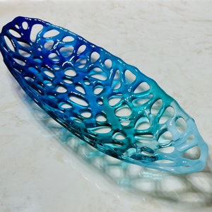 Glass Coral Bowl, Fused Glass Beach Oval Plate, Beach Glass Art, Turquoise Blue Sea Glass Seashells Keeper, Ocean Beach Decor