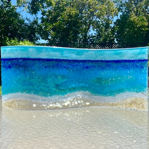 Beach Glass Art, Free Standing Glass Wave Art, Blue Ocean Waves Decor, Turquoise Sea Glass Art, Windowsill Art
