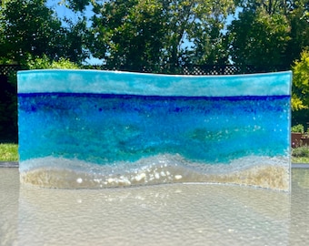 Fused Glass Beach Wave Art, Free Standing Ocean Decor