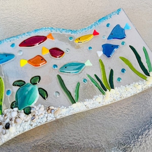 Fused Glass Sea Turtle Art, Glass Fish, Free Standing Glass Ocean Wave, Glass Aquarium, Under The Sea Glass Decor