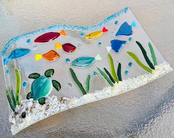 Fused Glass Sea Turtle Art, Glass Fish, Free Standing Glass Ocean Wave, Glass Aquarium, Under The Sea Glass Decor