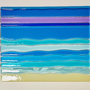 Fused Glass Beach Wall Art, Blue Glass Ocean Waves, Ocean Beach Window Panel, Beach House Decor