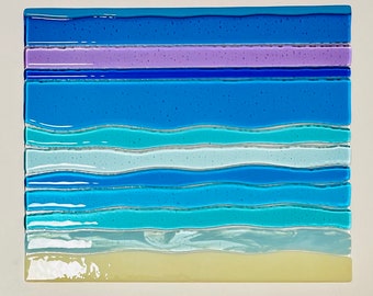 Fused Glass Beach Wall Art, Blue Glass Ocean Waves, Ocean Beach Window Panel, Beach House Decor