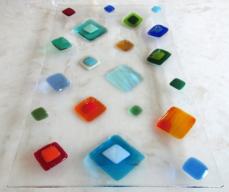 Fused Glass Platter Serving Dish Colorful Squares Bread Etsy