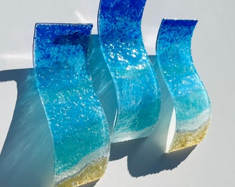Fused Glass Ocean Waves Wall Decor, Set of 3, Coastal Glass Art, Beach Glass Wall Sculpture