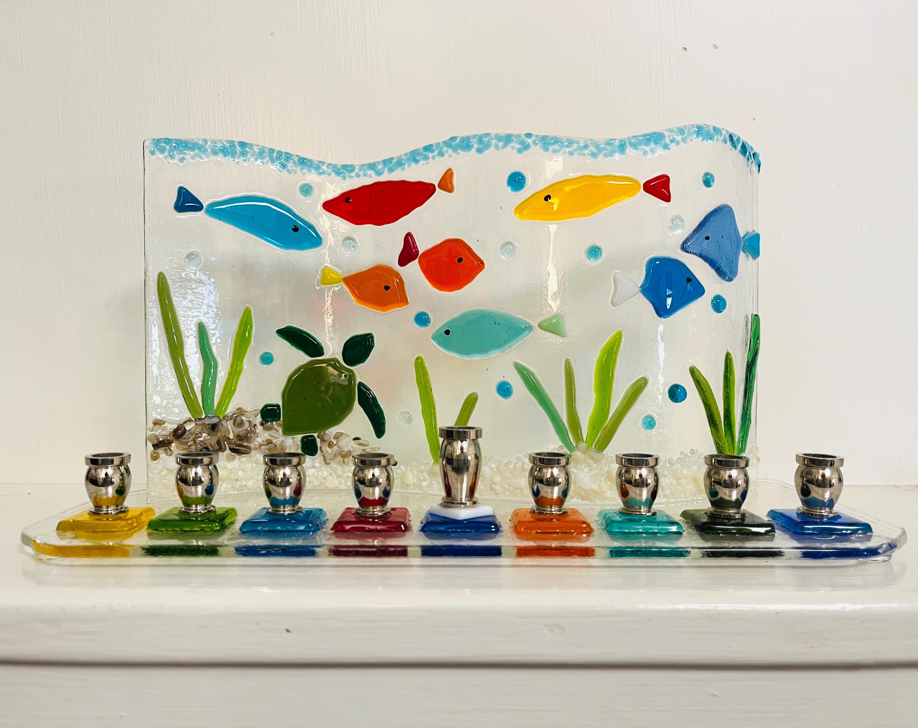Fused Glass Ocean Wave Menorah, Fish, Sea Turtle, Under the Sea