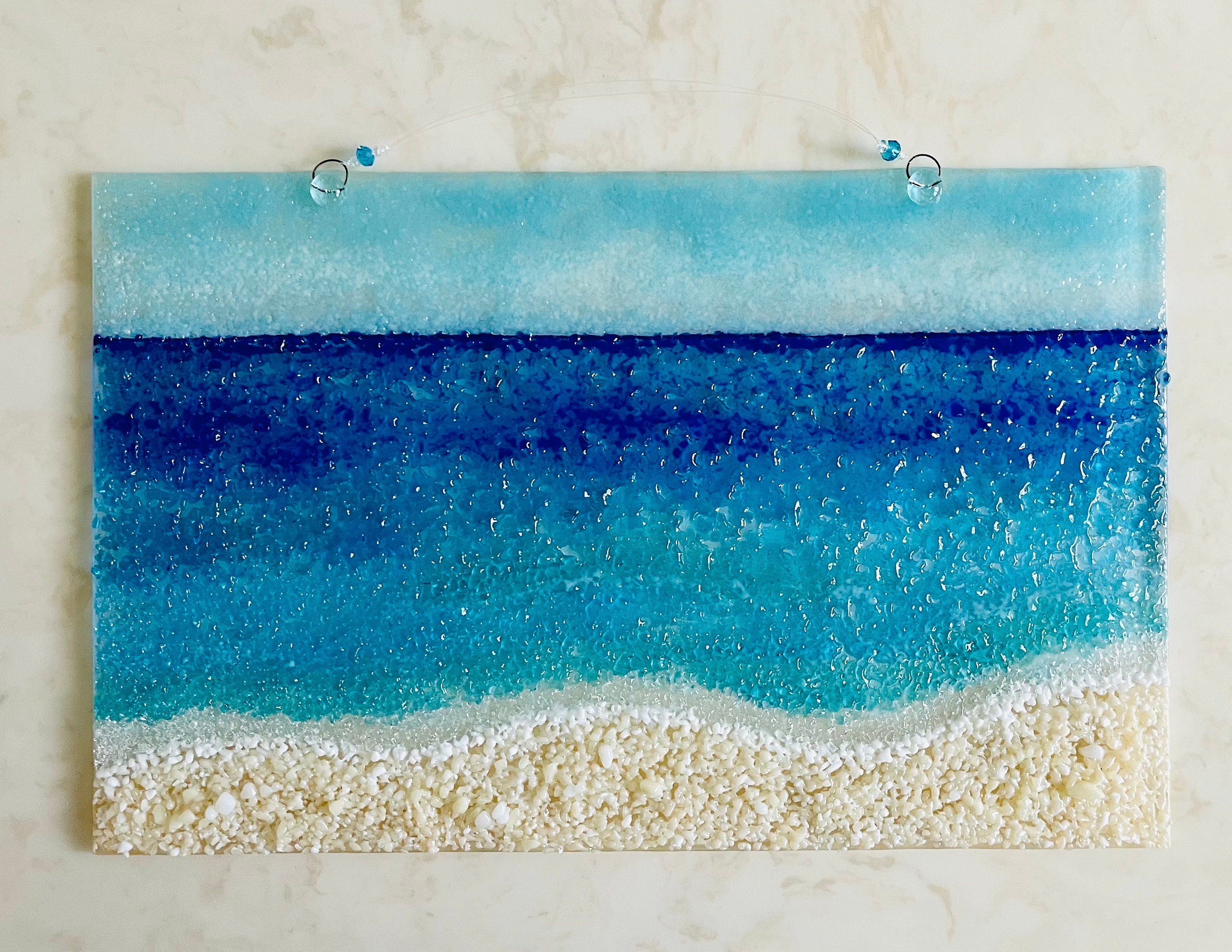 Fused Glass Beach Wall Art, Sea Glass Sun Catcher, Blue Ocean