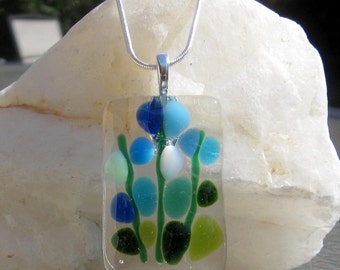 Fused Glass Necklace, Blooming Branches in Blue, Turquoise, White, Mint, Green Leaves, Valentine&#39;s Day Necklace, Mothers Day Gift