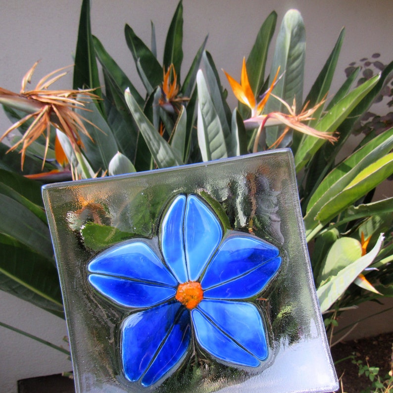 Fused Glass Plate Blue or Teal Flower Soap Dish Caribbean Etsy