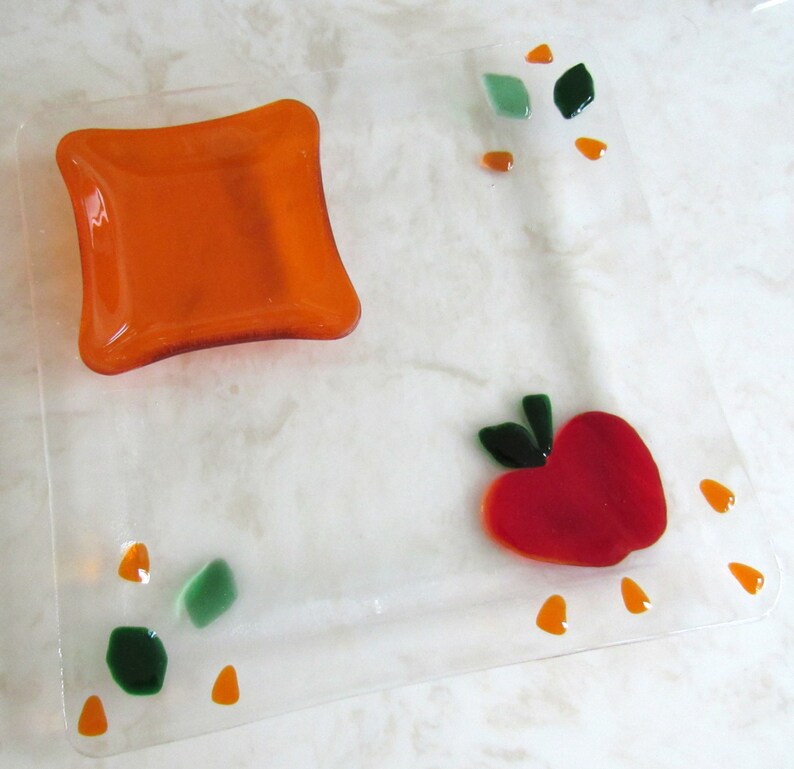 Fused Glass Plate Apple and Honey Plate Set Honey Dish Rosh Etsy