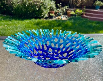 Fused Glass Coral Bowl, Turquoise Blue Ocean Wave Art, Beach Decor