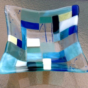 Fused Glass Beach Bowl, Ocean Beach Mosaic Glass Art Dish, Turquoise Blue Sea Glass Bowl, Ocean Wave