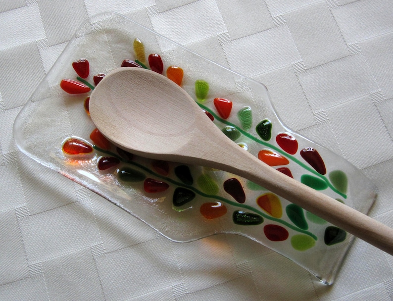Fused Glass Spoon Rest Floral Blooming Branches in Reds Etsy