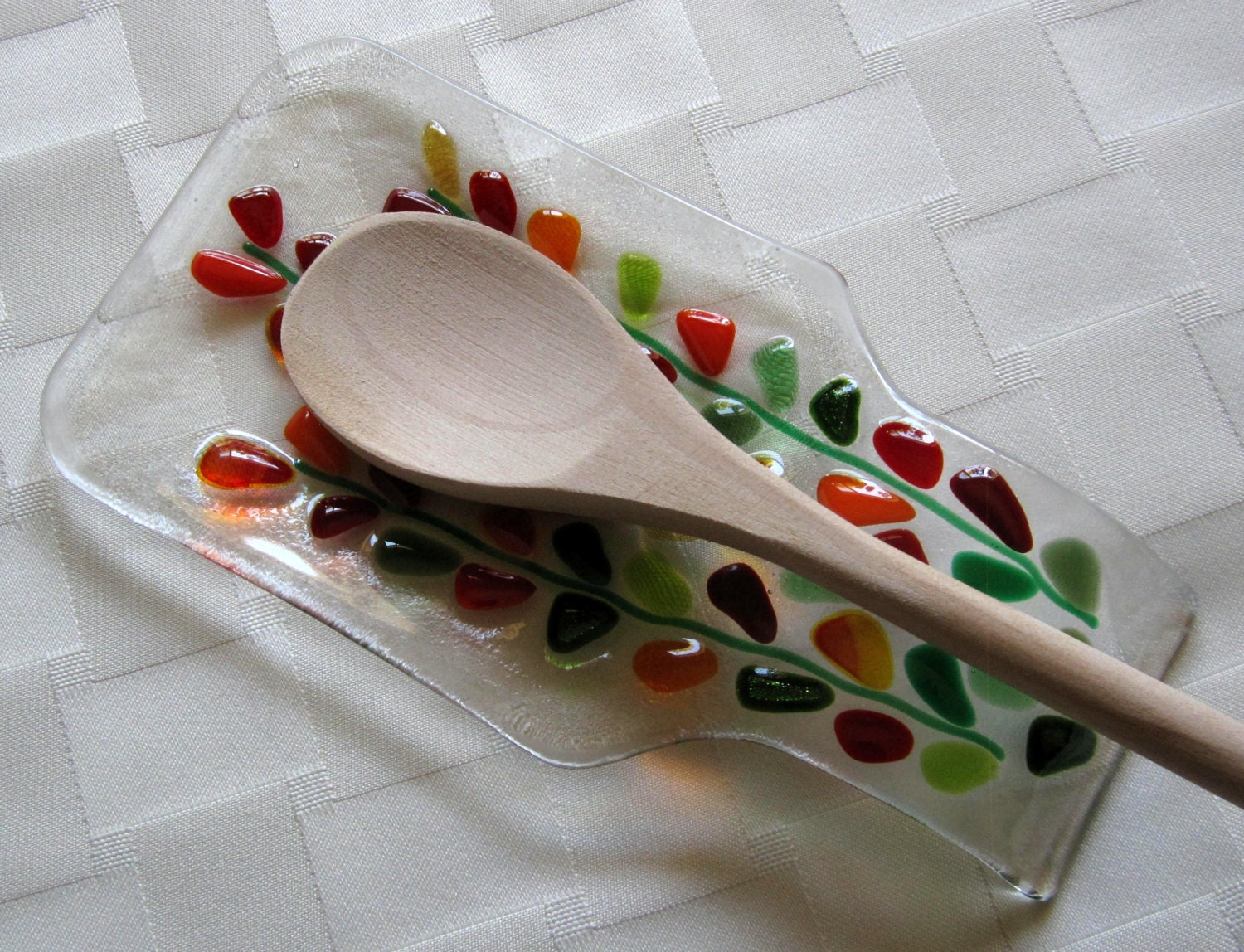 Fused Glass Spoon Rest Floral Blooming Branches in Reds Etsy