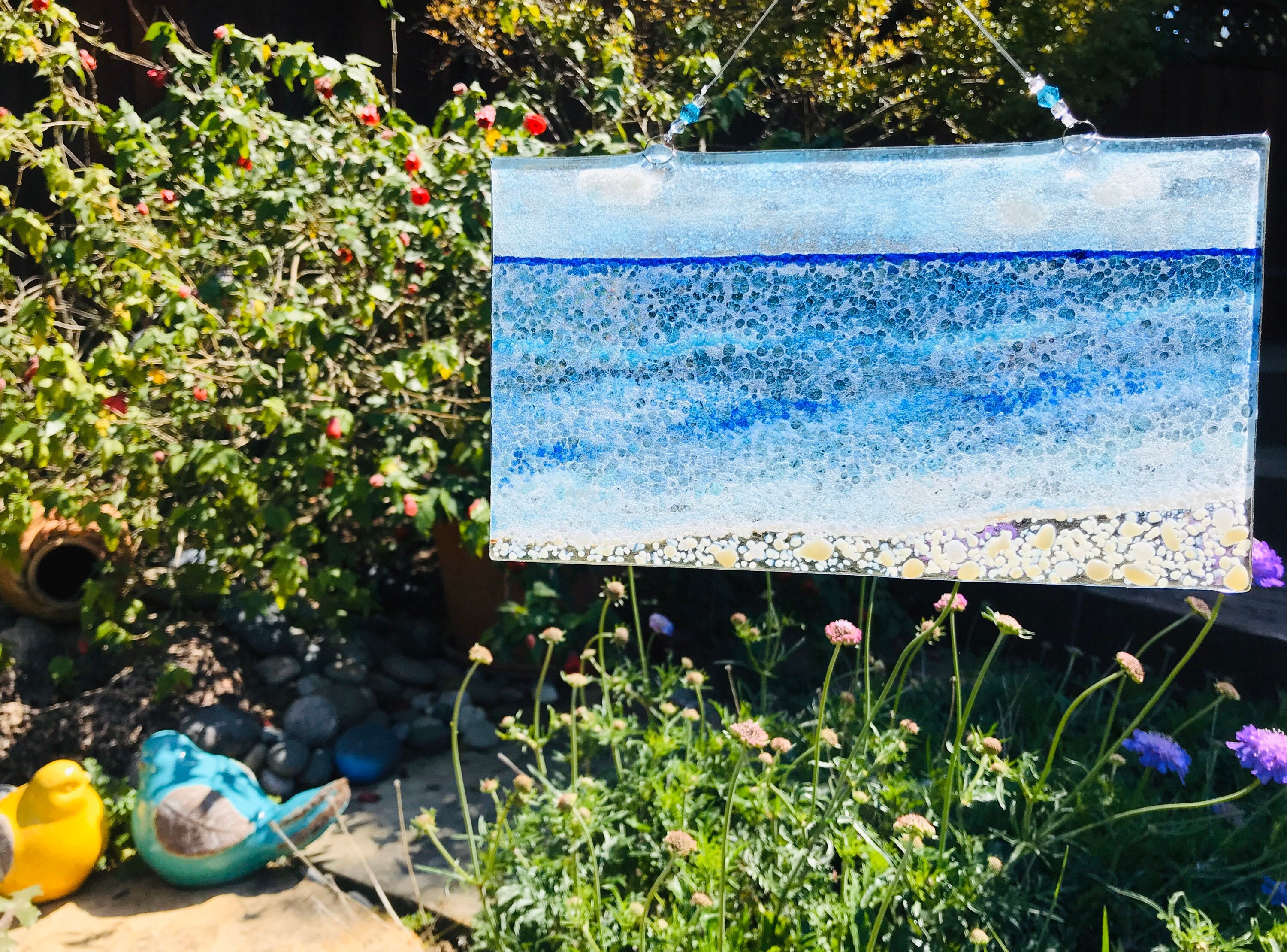 Fused Glass Beach Wall Art Sea Glass Sun Catcher Blue Ocean Etsy