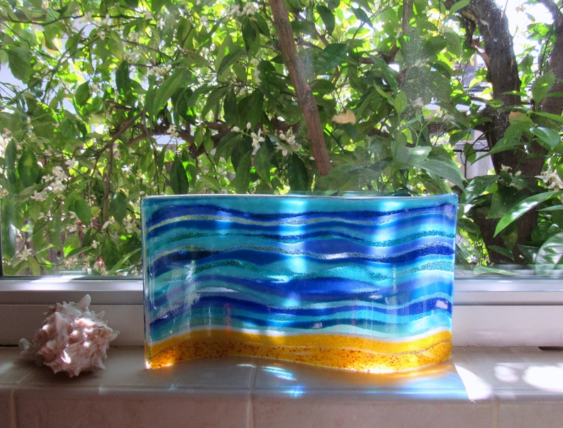 Beach Glass Art Free Standing Glass Wave Art Turquoise Sea Etsy