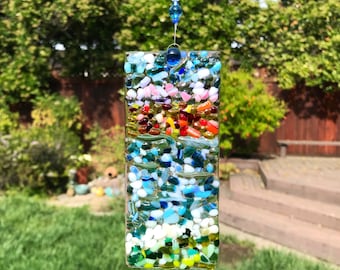 Fused Glass Beach Suncatcher, Sunset Glass Wall Art, Turquoise Sea Glass Art, Blue Ocean Waves, Tropical Window Panel, Beach House Decor