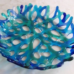 Fused Glass Coral Bowl, Branching Coral Wall Decor, Turquoise Blue Sea Coral Art, Ocean Beach Decor, Beach Glass Art