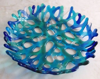 Fused Glass Coral Bowl, Branching Coral Wall Decor, Turquoise Blue Sea Coral Art, Ocean Beach Decor, Beach Glass Art