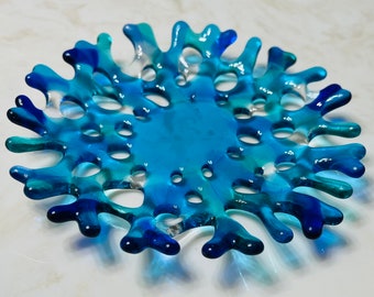 Fused Glass Coral Soap Dish, Glass Branching Coral Plate, Turquoise Blue Sea Glass Jewelry Holder