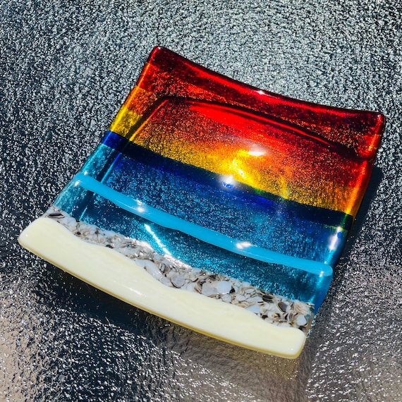 Fused Glass Beach Sunset Plate, Ocean Wave Art (6