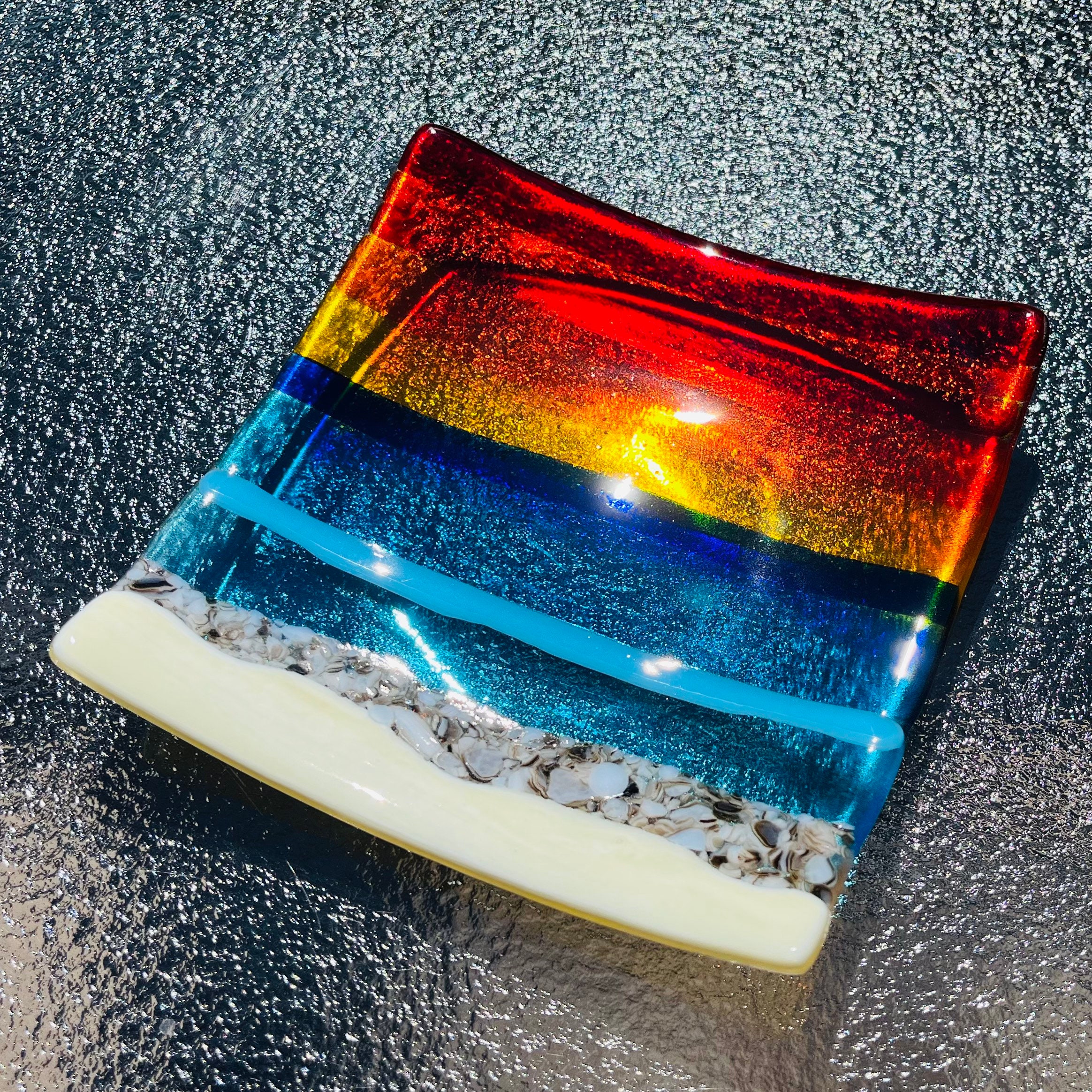 Fused Glass Beach Sunset Plate, Ocean Wave Art (6