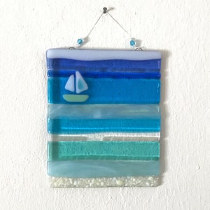 Fused Glass Beach Wall Art, Ocean Beach Sailboat Suncatcher, Turquoise Blue Sea Glass Art, Beach House Decor, Ocean Waves