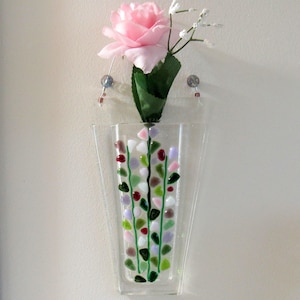 Fused Glass Wall Vase, Blooming Branches Design, Handmade Pink and Purple Pocket Vase