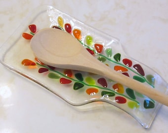 Fused Glass Spoon Rest, Floral, Blooming Branches in Reds, Gift for the Holidays, Kitchen Decor