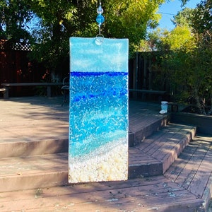 Fused Glass Beach Suncatcher, Blue Ocean Waves Wall Hanging, Turquoise Sea Glass Art, Tropical Window Panel, Beach House Decor