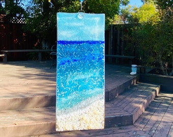 Fused Glass Beach Suncatcher, Blue Ocean Waves Wall Hanging, Turquoise Sea Glass Art, Tropical Window Panel, Beach House Decor