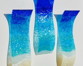 Fused Glass Ocean Waves Wall Decor, Deep Ocean Beach Art Set (3/5/7)