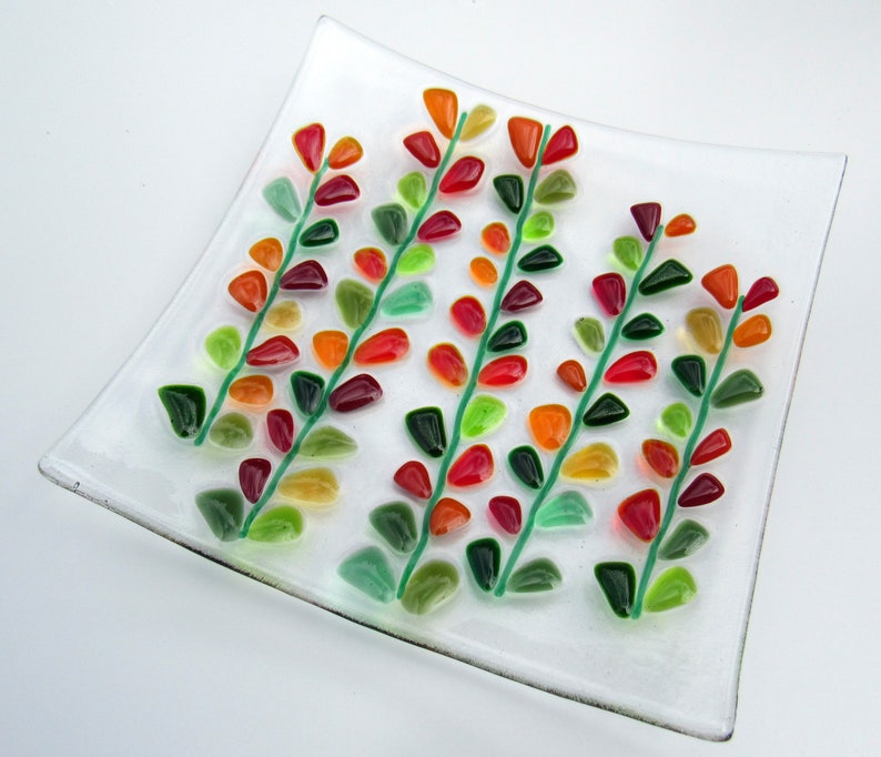 Fused Glass Plate Blooming Branches in Red Orange Amber Etsy