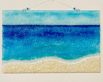 Fused Glass Beach Wall Art, Turquoise Ocean Waves, Sea Glass Sun Catcher