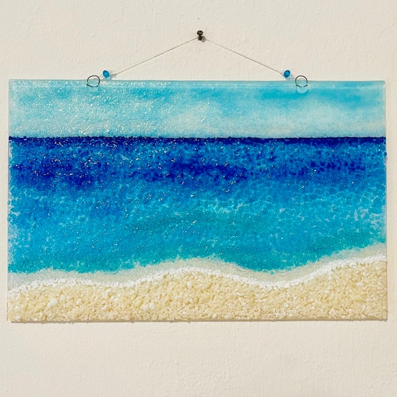 フューズドガラスのビーチウォールアート、シーグラスのサン