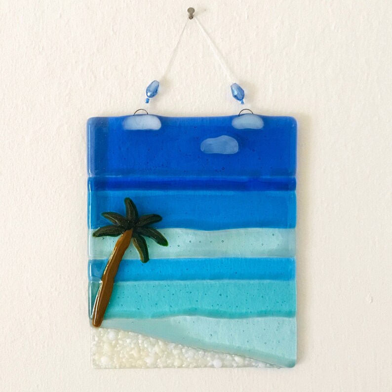 Fused Glass Beach Wall Art Glass Palm Tree and Ocean Beach Etsy