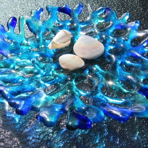 Fused Glass Coral Plate, Glass Branching Coral Wall Decor, Turquoise Blue Sea Coral Art, Ocean Beach Decor