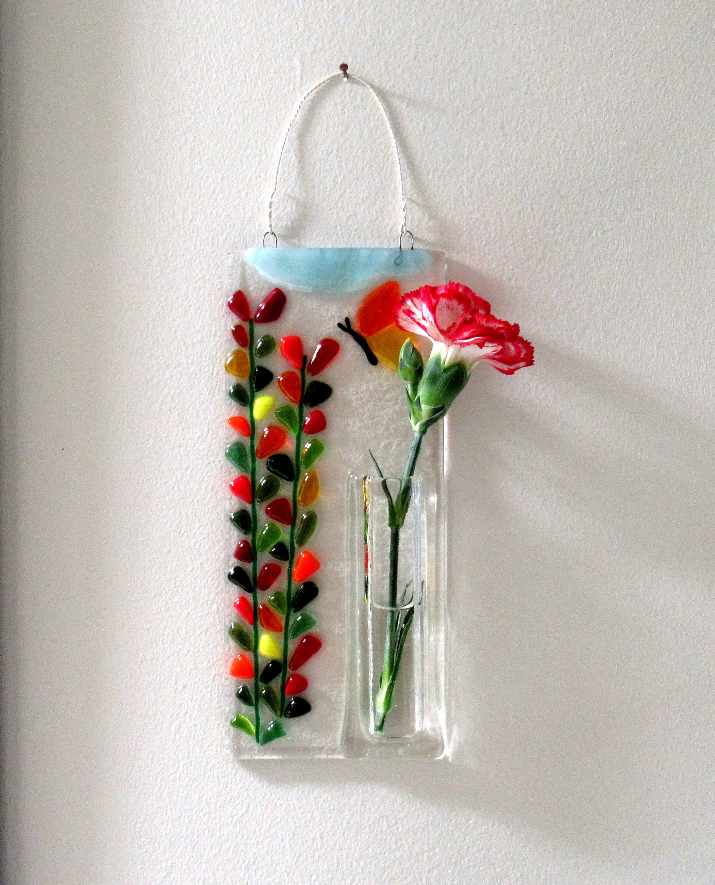 Fused Glass Flower Wall Vase, Butterfly, Blooming Branches