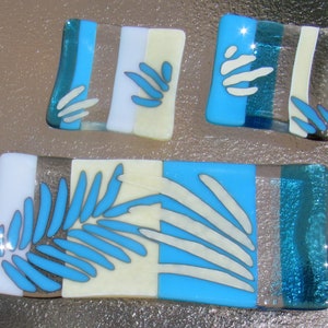 Fused Glass Plate Set, Palm Tree Leaves Beach Sushi Plate, Reactive Glass, Hawaii Glass Art, Turquoise Sea Glass Jewelry Keeper, Spoon Rest