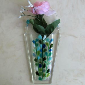 Fused Glass Wall Vase, Hanging Pocket Flower Vase, Blooming Branches, Blue Turquoise White, Mothers Day Flowers imagem 5