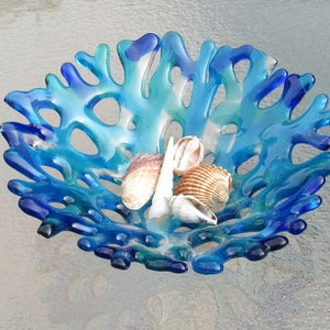 Fused Glass Coral Bowl, Branching Coral Plate, Turquoise Blue Sea Glass Jewelry Keeper, Ocean Beach Decor, Beach Glass Art image 3