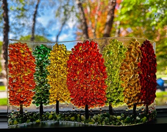 Fused Glass Fall Trees Art, Autumn Leaves Free Standing Glass Wave Art, Thanksgiving Windowsill Decor