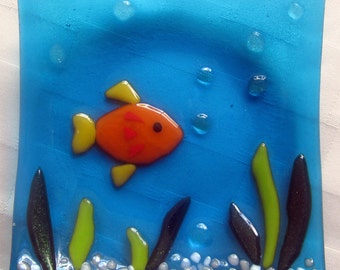 Fused Glass Plate, Underwater Ocean Soap Dish, Goldfish in Turquoise Water, Beach House Decor, Blue Sea Glass