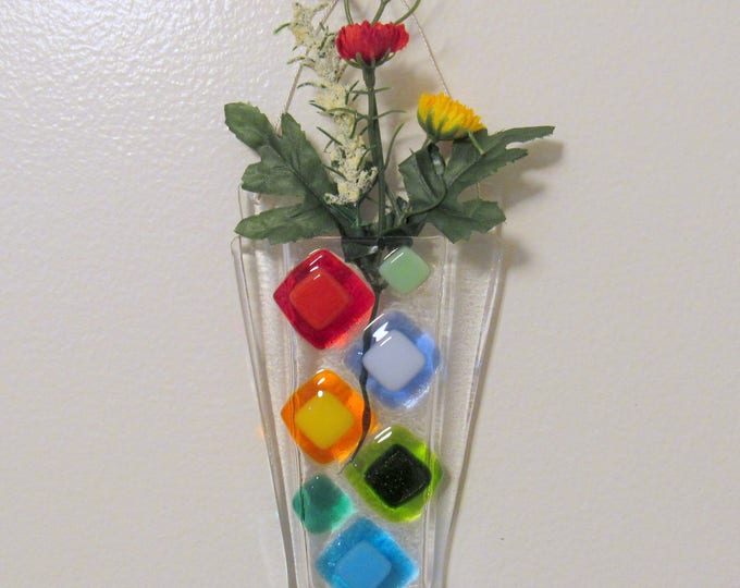 Fused Glass Wall Vase, Flower Vase, Wall Hanging Pocket Vase, Bright Colorful Diamonds, Gifts