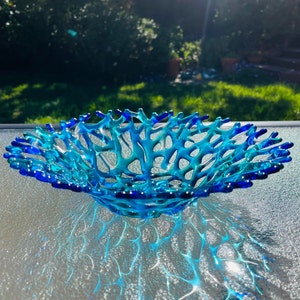 Fused Glass Coral Bowl, Branching Coral Large Dish, Turquoise Blue Sea Glass Art, Ocean Beach Wall Decor