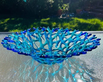 Fused Glass Coral Bowl, Branching Coral Large Dish, Turquoise Blue Sea Glass Art, Ocean Beach Wall Decor